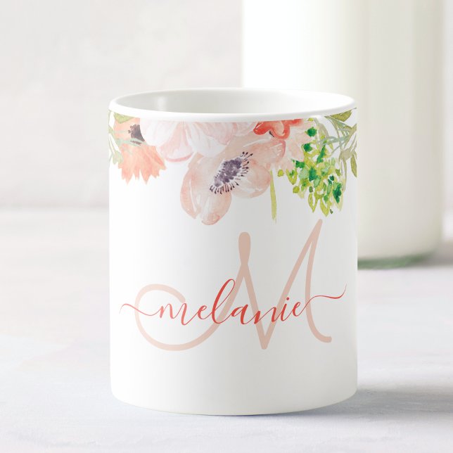 Mug Aquarelle Fleur sauvage rose personnalisé Monogram (Créateur téléchargé)