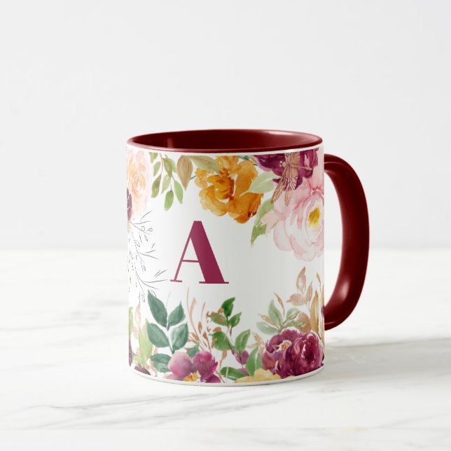 Mug Aquarelle fleurie classe élégant monogramme bordea (Devant droit)