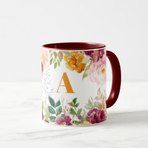 Mug Aquarelle fleurie classe élégant orange monogramme
