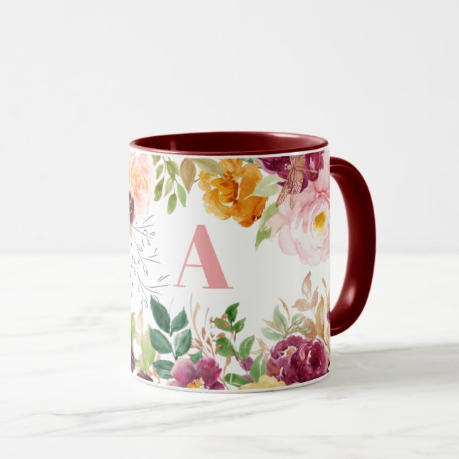 Mug Aquarelle fleurie classe élégant vert monogramme (Devant droit)