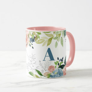 Mug Aquarelle fleurie classe élégante marine monogramm