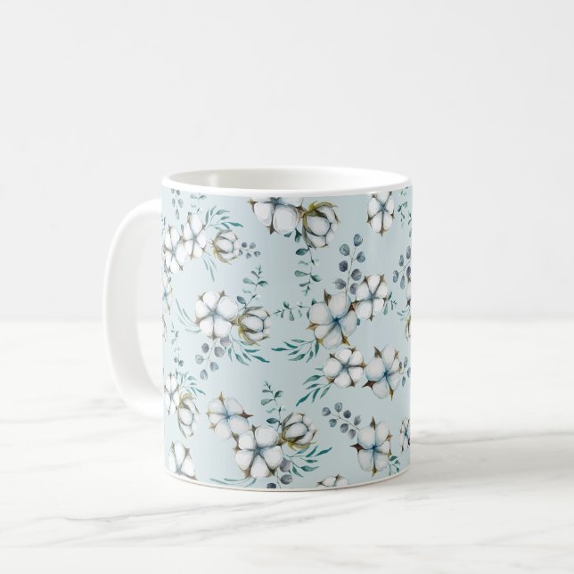 Mug Aquarelle Fleurs de coton et Eucalyptus (Devant gauche)