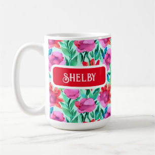 Mug Aquarelle Fleurs en Turquoise, rouge et rose