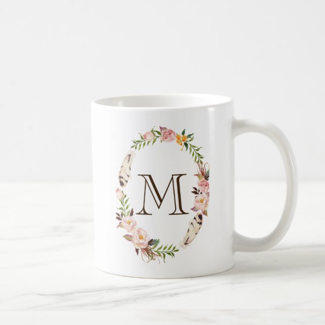 Mug Aquarelle Fleurs et plumes Boho Wreath Monogramme (Droite)