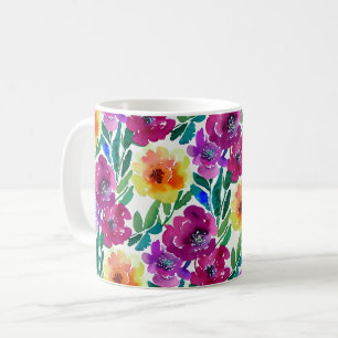 Mug Aquarelle Fleurs Maroon Jaune