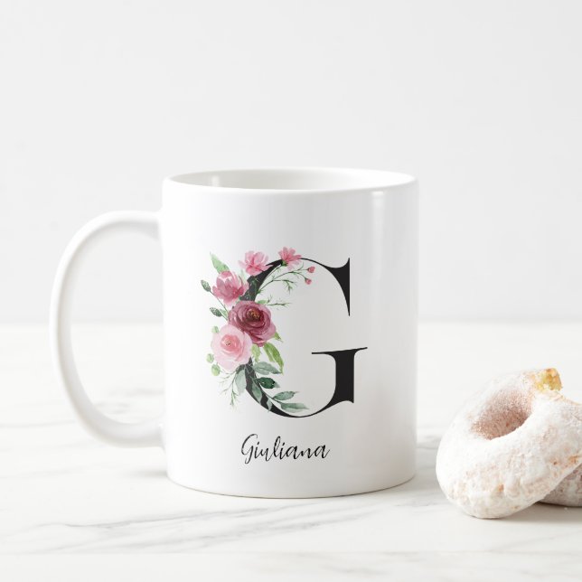 Mug Aquarelle Fleurs Monogramme G Nom personnalisé (Avec donut)
