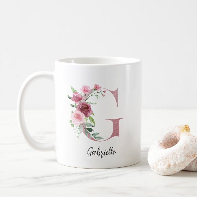Mug Aquarelle Fleurs Monogramme Rose G Nom personnalis (Avec donut)