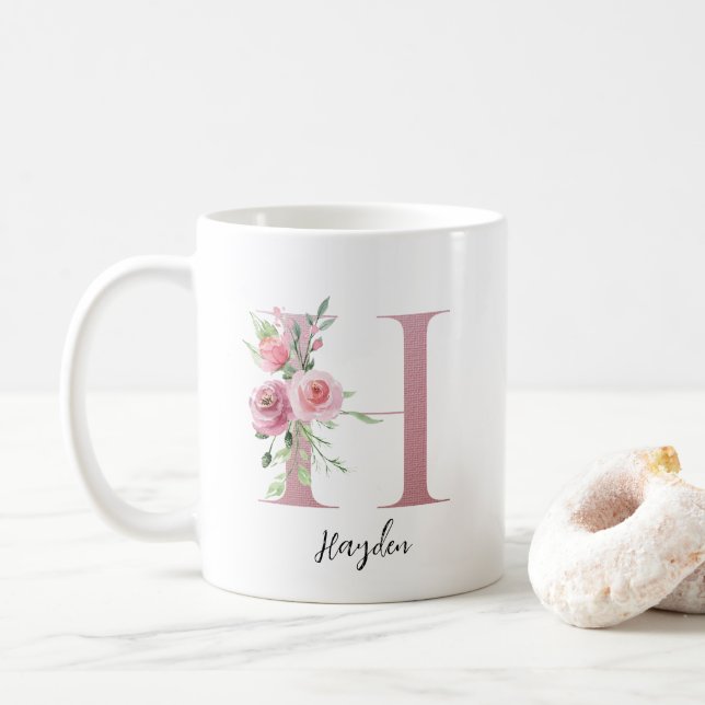 Mug Aquarelle Fleurs Monogramme Rose H Nom personnalis (Avec donut)