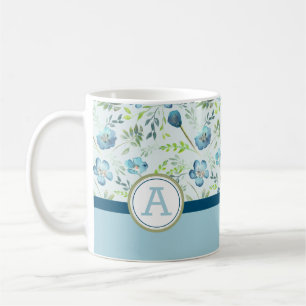 Mug Aquarelle Fleurs Monogrammes Bleu Vert