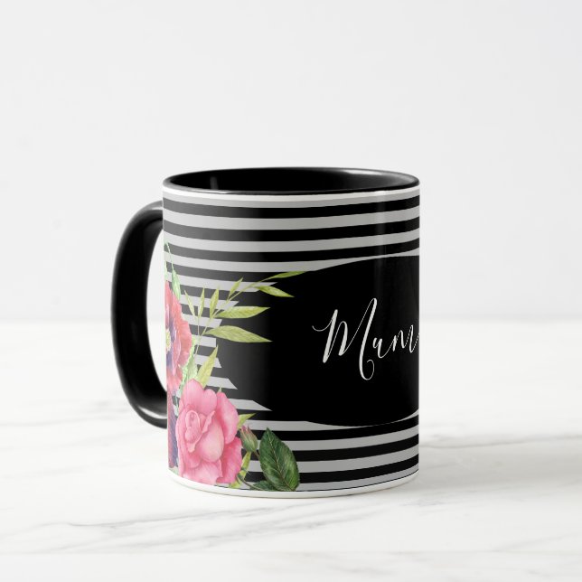 Mug Aquarelle Fleurs rouges et roses Gris noir (Devant gauche)