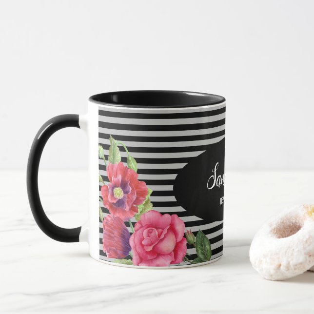 Mug Aquarelle Fleurs rouges et roses Gris noir (Avec donut)