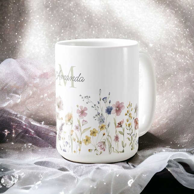 Mug Aquarelle Fleurs sauvages Boho élégant avec Monogr (Créateur téléchargé)