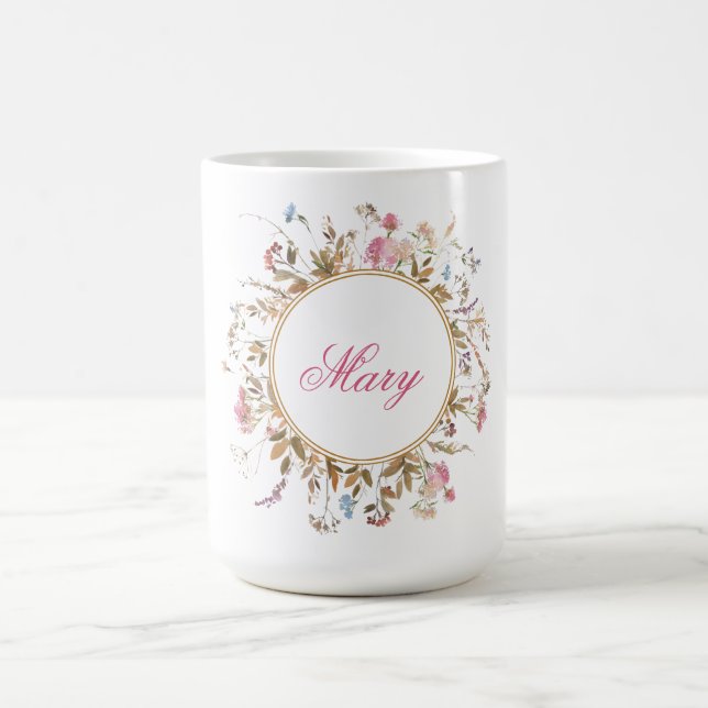 Mug Aquarelle Fleurs sauvages Cadre Rond Nom Floral (Centre)