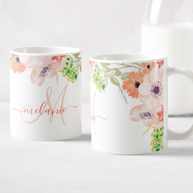 Mug Aquarelle Fleurs sauvages rose personnalisé Nom du (Créateur téléchargé)