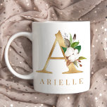 Mug Aquarelle Floral & Lettre Or A Monogramme<br><div class="desc">Une tasse à café personnalisée avec un faux monogramme "A" de la lettre d'or,  avec des illustrations décoratives d'aquarelle florale et feuillage. Customisez facilement avec votre nom ou créez un cadeau unique pour vos proches.</div>