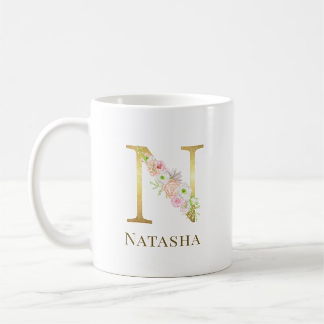 Mug Aquarelle Floral & Lettre Or E Monogramme (Gauche)