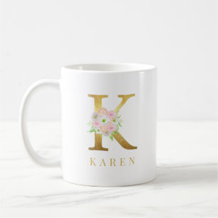 Mug Aquarelle Floral & Lettre or k Monogramme