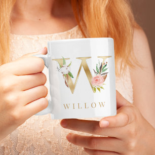 Mug Aquarelle Floral & Lettre Or W Monogramme