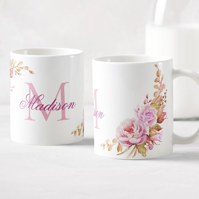 Mug Aquarelle Floral Monogramme personnalisé (Créateur téléchargé)