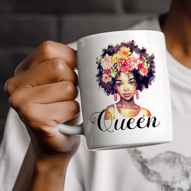 Mug Aquarelle Floral noir Afro femme avec Monogramme (Créateur téléchargé)