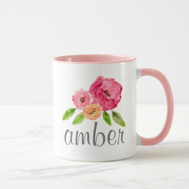 Mug Aquarelle Floral Nom personnalisé Girly Monogramme (Droite)