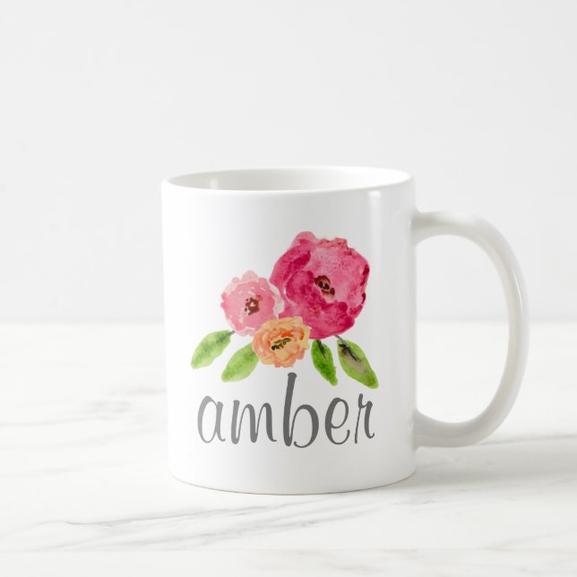 Mug Aquarelle Floral Nom personnalisé Girly Monogramme (Droite)