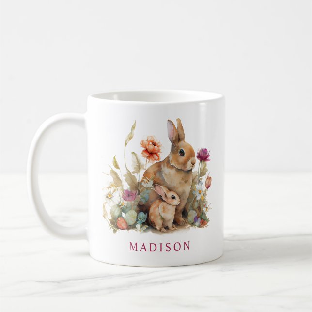 Mug Aquarelle Floral Pâques Lapins Nom (Gauche)