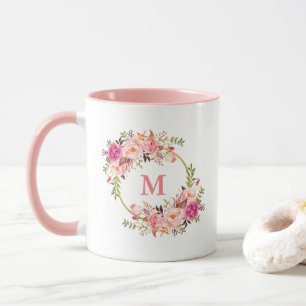 Mug Aquarelle Floral Rose Blanc Or Cercle Monographie