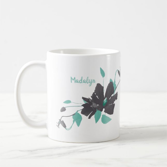 Mug Aquarelle Floral tendance Turquoise Grey Nom Café  (Gauche)