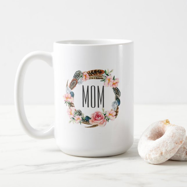 Mug Aquarelle florale avec le jour de mère des plumes (Avec donut)