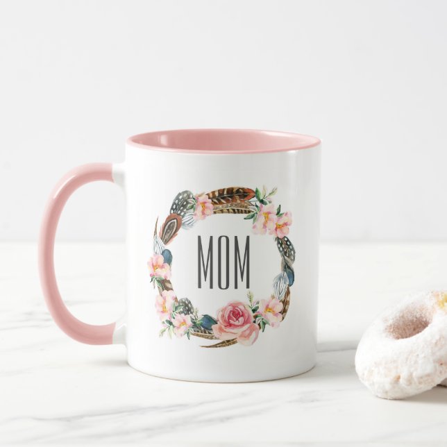 Mug Aquarelle florale avec le jour de mère des plumes (Avec donut)