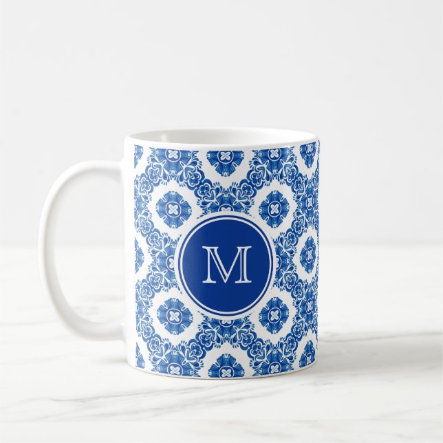 Mug Aquarelle Florale Bleue et Blanc Monogramme Parisi (Gauche)