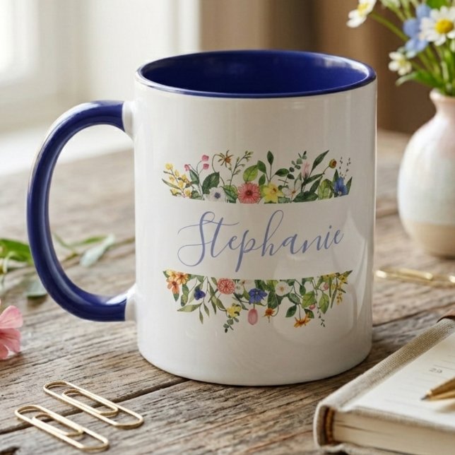 Mug Aquarelle florale cobalt fantaisiste (Cottagecore wildflower floral for a teacher — a perfect thank you gift idea for her)