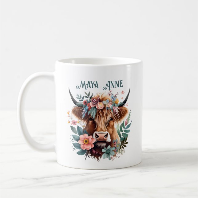 Mug Aquarelle florale de la vache de Highland (Gauche)