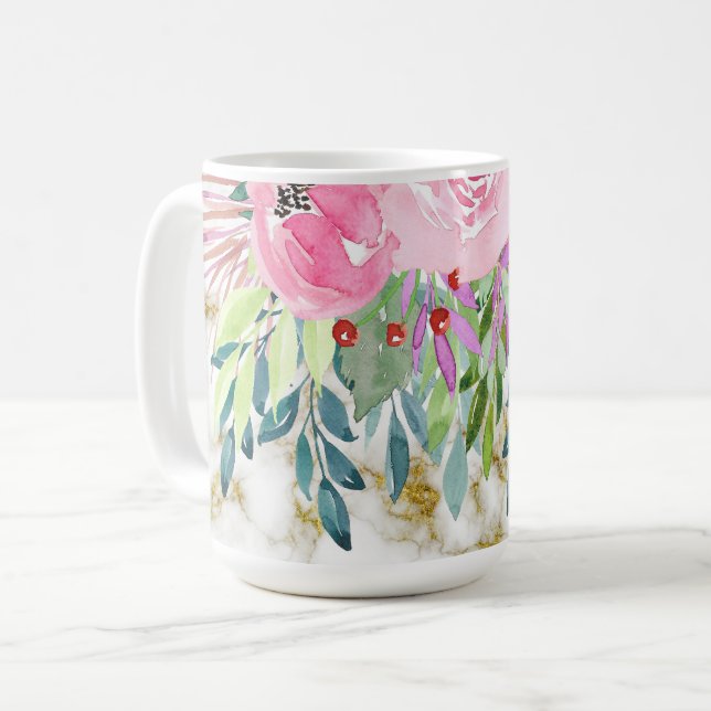 Mug Aquarelle Florale et Marbre d'or (Devant gauche)