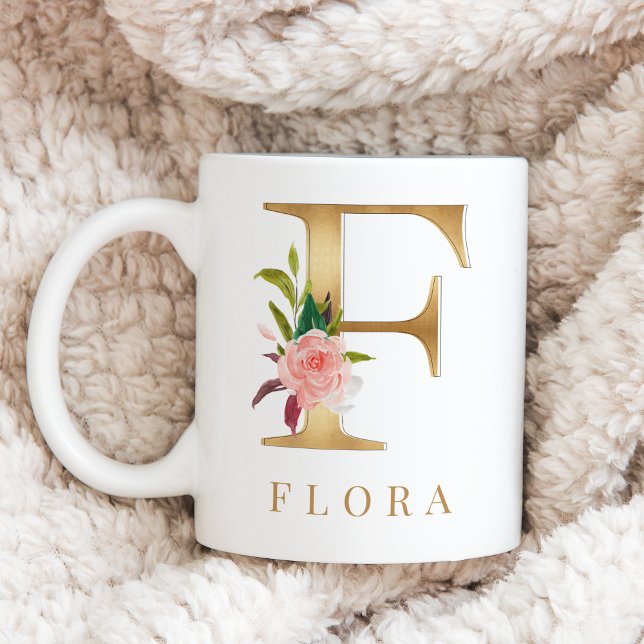 Mug Aquarelle Florale et or Lettre F Monogramme (Créateur téléchargé)