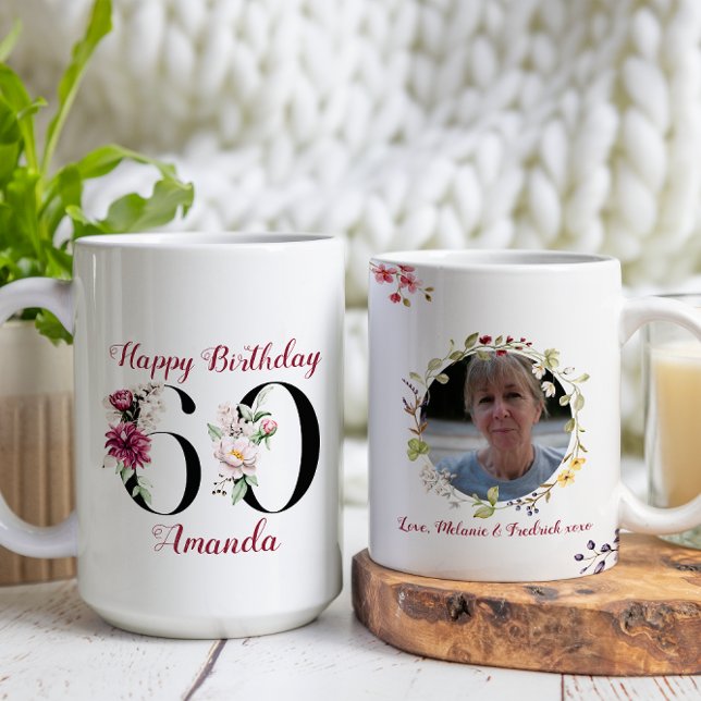 Mug Aquarelle florale Joyeux 60e anniversaire Photo pe (Créateur téléchargé)