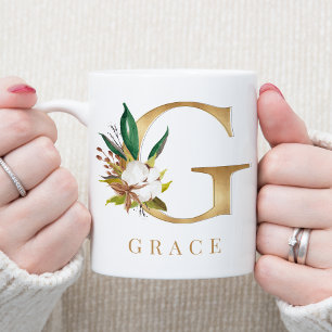Mug Aquarelle Florale & Lettre or G Monogramme