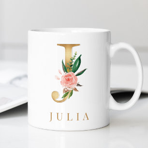 Mug Aquarelle Florale & Lettre or J Monogramme