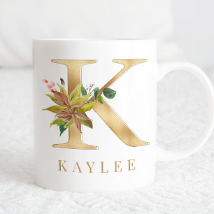 Mug Aquarelle Florale & Lettre or K Monogramme
