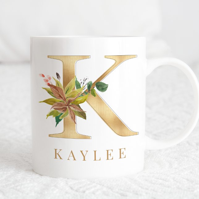 Mug Aquarelle Florale & Lettre or K Monogramme (Créateur téléchargé)