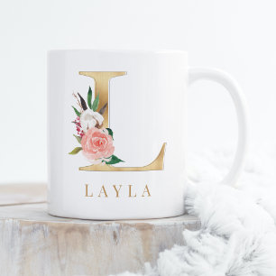 Mug Aquarelle Florale & Lettre or L Monogramme