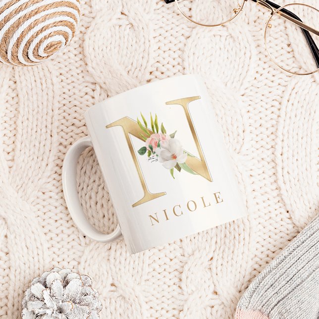 Mug Aquarelle Florale & Lettre or N Monogramme (Créateur téléchargé)