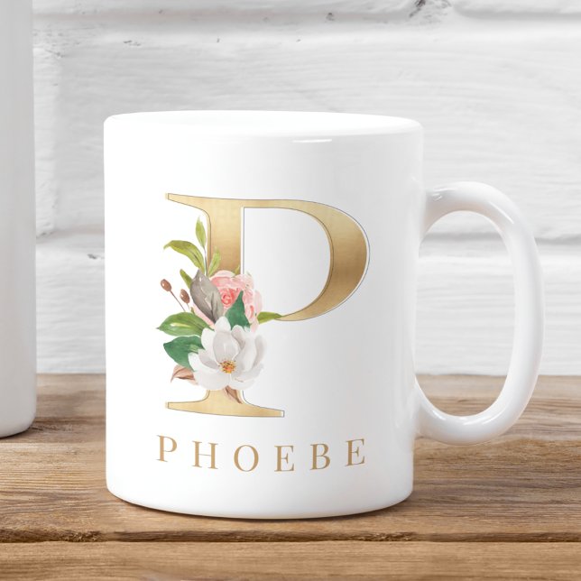 Mug Aquarelle Florale & Lettre or P Monogramme (Créateur téléchargé)