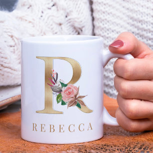 Mug Aquarelle Florale & Lettre or R Monogramme