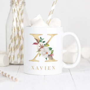 Mug Aquarelle Florale & Lettre or X Monogramme