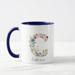Mug Aquarelle florale Nom et lettre C Monogramme