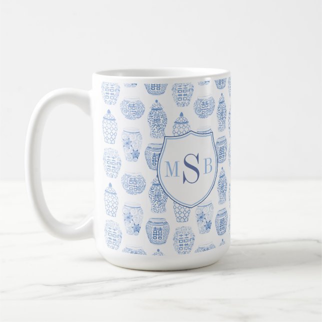 Mug Aquarelle Ginger Jar Bleu Blanc Monogramme personn (Gauche)