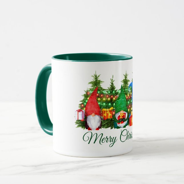 Mug Aquarelle Gnomes Joyeux feux de Noël Vert (Devant gauche)