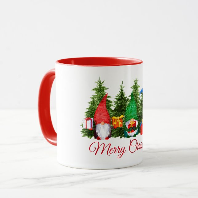 Mug Aquarelle Gnomes Joyeux Noël Rouge (Devant gauche)